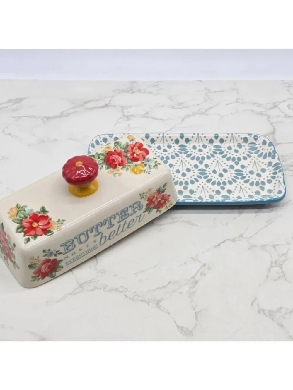 Pioneer Woman Covered Butter Dish VINTAGE FLORAL Stoneware Blue Cottage Country
